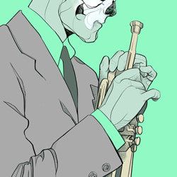Oliver Barretts fine art giclee print features a person in a suit playing a trumpet with a skeleton face against a solid mint green background, contrasting with the grayscale figure to evoke the surreal vibe and spirit of the Supersonic Electronic Invitational at Spoke Art.
