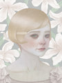 This archival pigment print by Hsiao Ron Cheng depicts a serene blond woman with a vintage bob and hairpin. Her light blush and the large white flowers beautifully complement the textured grey backdrop, showcasing exquisite artistry.