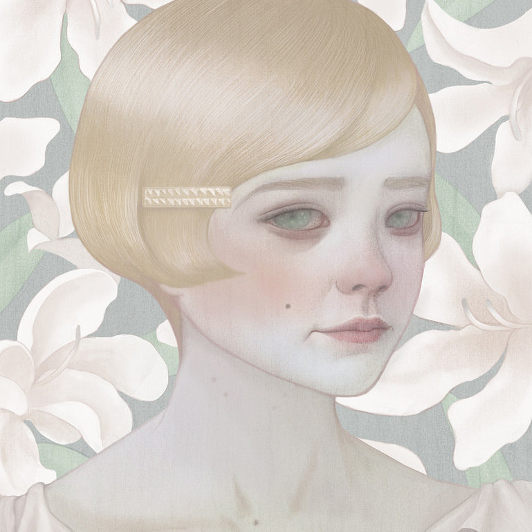 This archival pigment print by Hsiao Ron Cheng depicts a serene blond woman with a vintage bob and hairpin. Her light blush and the large white flowers beautifully complement the textured grey backdrop, showcasing exquisite artistry.