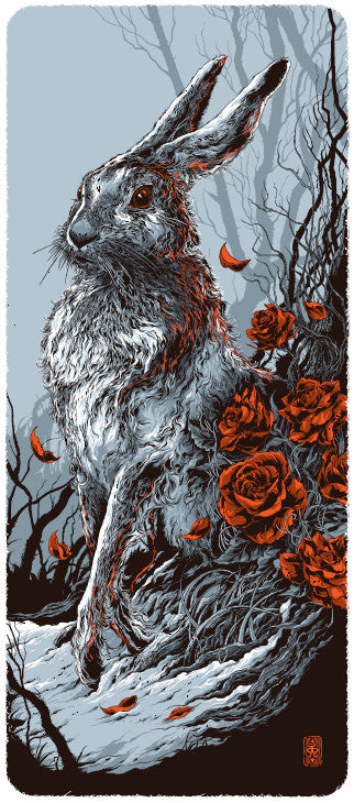 A detailed Usagi print by Ken Taylor features a rabbit with textured fur amid red roses and petals. Bare trees stand against a muted blue-gray sky, creating a mystical atmosphere, reminiscent of Ken Taylors style seen in the Supersonic Electronic Invitational.