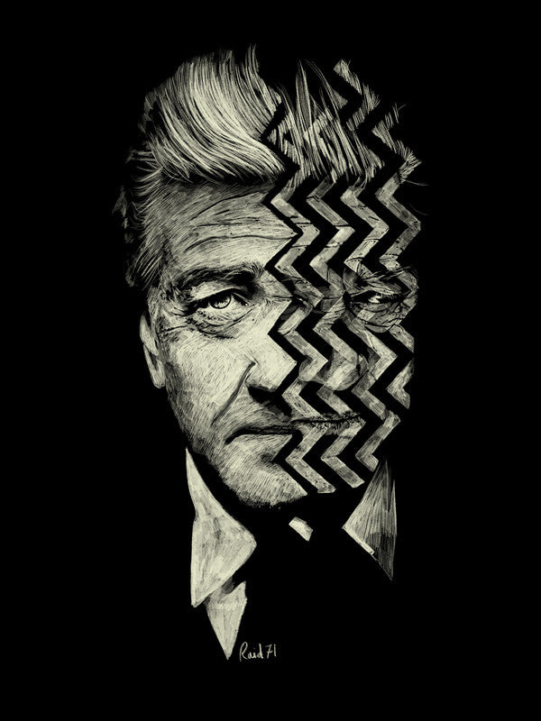 This limited edition fine art giclee by Raid71, titled The Big Dream, features a grayscale illustration of a mans face split by jagged lines, with the left side realistic and the right distorted with zigzag patterns. The dramatic effect is enhanced by a black background.