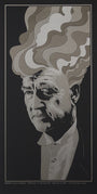 Stylized portrait of an older man with a contemplative look, featuring surreal patterns extending like Lynchs world. Abstract wavy lines resemble smoke or flames in a monochrome screen print style by Chuck Sperry.