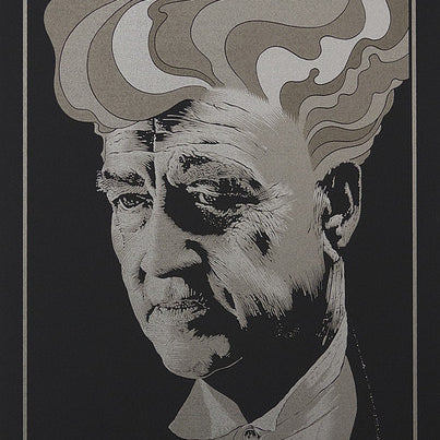 Stylized portrait of an older man with a contemplative look, featuring surreal patterns extending like Lynchs world. Abstract wavy lines resemble smoke or flames in a monochrome screen print style by Chuck Sperry.