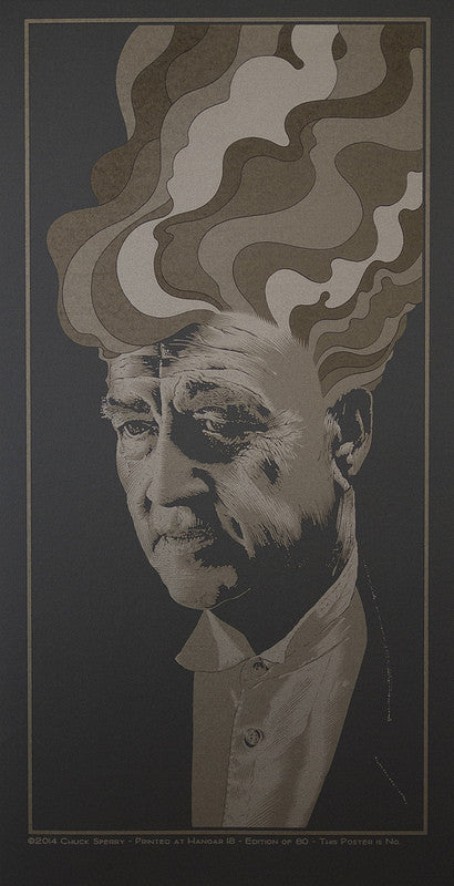 A stylized portrait of an older man with swirling, flame-like shapes reminiscent of Chuck Sperrys screen print style. It features shades of brown, beige, and white on a dark background, evoking either contemplation or energy.