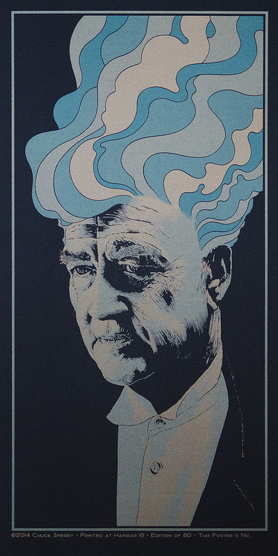 A stylized portrait of an older man with swirling white and blue patterns emanating from his head, creating a smoky or cloud-like effect. This Chuck Sperry-esque artwork has a dark background, resembling a poster screen print.