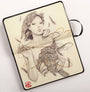 An open Paragon Books sketchbook features a woman with feathers in her hair holding an owl, surrounded by swirling wisps of smoke. Feather details extend beyond her hand, and a red seal in the bottom left corner highlights an international artist collaboration at Spoke Art Gallery.