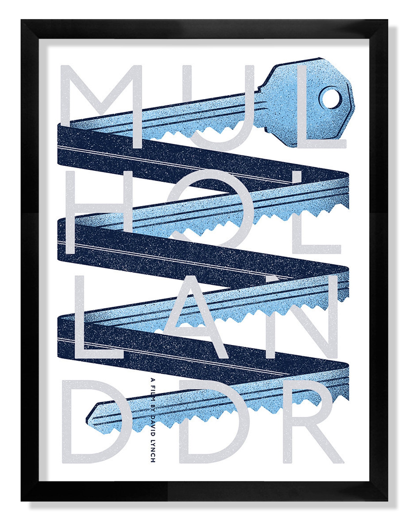 Matt Chase presents a custom-framed, illustrated screen print featuring a blue key with serrated edges behind bold gray letters spelling MULHOLLAND DRIVE. The vertical alignment of the text and key is displayed in an abstract, modern design, beautifully encased in a black frame.