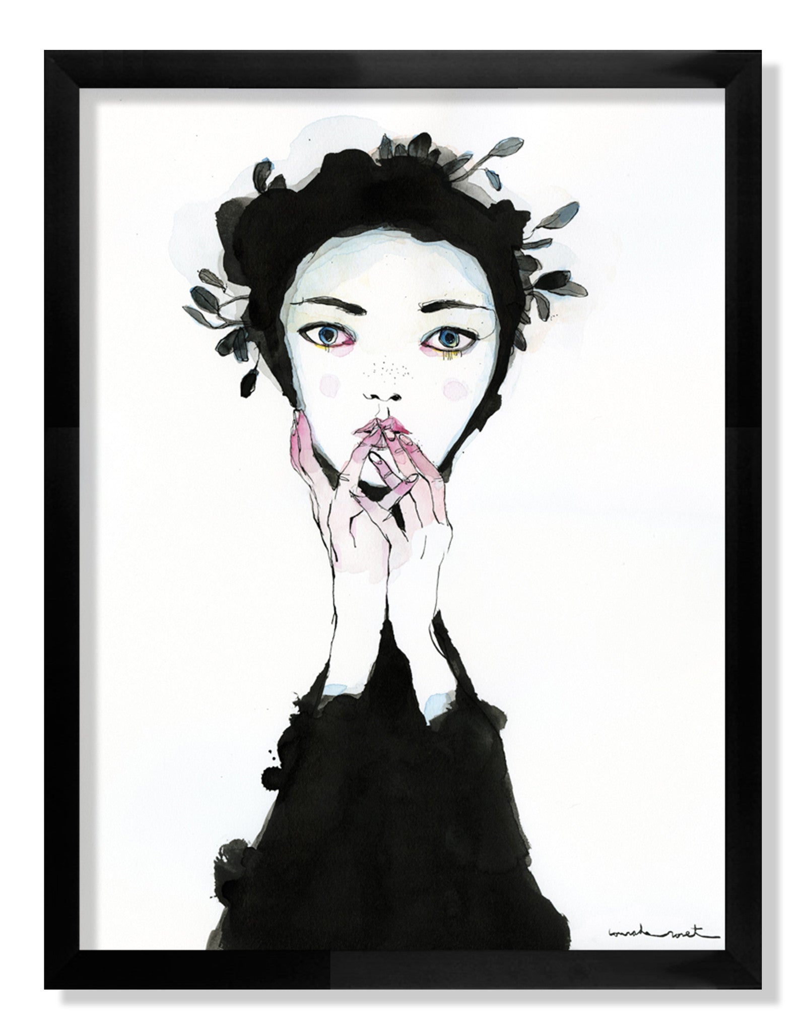 A watercolor portrait from Conrad Roset features a person with pale skin and vibrant eyes framed by black and gray abstract headdress shapes. The hands touch the face delicately. Signed at the bottom right, it skillfully uses India ink for depth and contrast.
