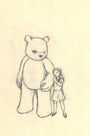 A graphite sketch on paper shows a girl in a dress holding hands with a teddy bear almost twice her height, akin to Luke Chuehs style. The bear has a gentle expression as she gazes at him fondly.