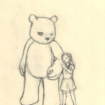 A graphite sketch on paper shows a girl in a dress holding hands with a teddy bear almost twice her height, akin to Luke Chuehs style. The bear has a gentle expression as she gazes at him fondly.