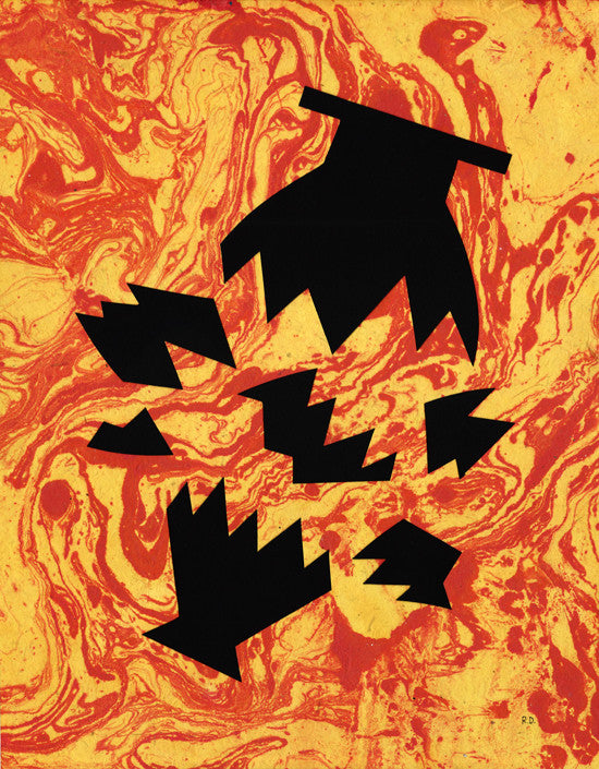 Abstract art featuring bold black geometric shapes like fragmented arrows over a vibrant, marbled background with swirling red and yellow patterns, showcasing Ryan De La Hozs meticulous style.