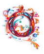A swirling quilling circle, echoing Yulia Brodskayas style, features vibrant reds, blues, oranges, and pinks against a white background. This whimsical paper art is perfect for anyone seeking unique décor.