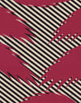 This abstract screen print, by Ryan De La Hoz, features dynamic black and white diagonal stripes interwoven with jagged red shapes on a bold red background, creating depth and movement.