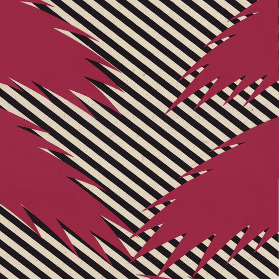 This abstract screen print, by Ryan De La Hoz, features dynamic black and white diagonal stripes interwoven with jagged red shapes on a bold red background, creating depth and movement.
