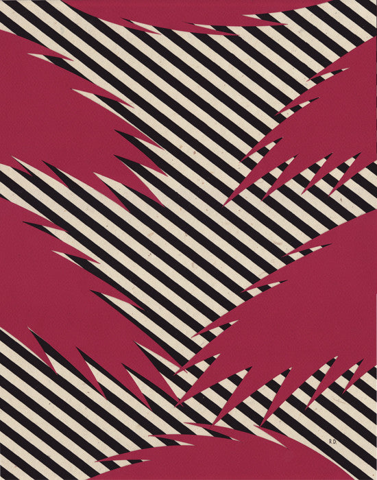This abstract screen print, by Ryan De La Hoz, features dynamic black and white diagonal stripes interwoven with jagged red shapes on a bold red background, creating depth and movement.