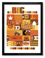 Adam Jureskos framed screen print features a vibrant collage inspired by The Big Lebowski, with bowling themes, autumn colors, and symbols like scissors, a crown, and geometric patterns in rich brown, orange, and yellow tones.