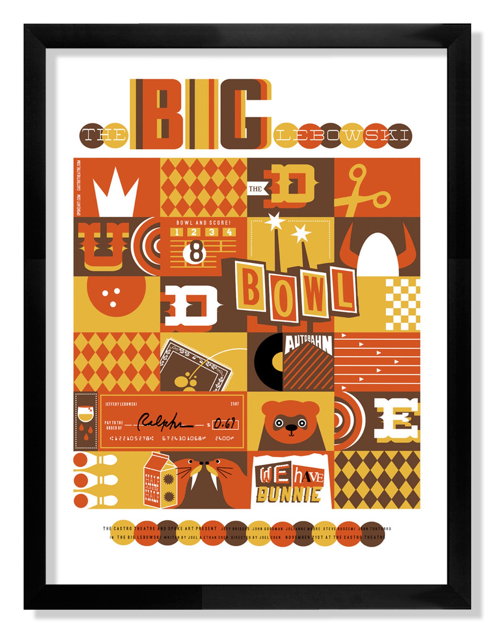 Adam Jureskos framed screen print features a vibrant collage inspired by The Big Lebowski, with bowling themes, autumn colors, and symbols like scissors, a crown, and geometric patterns in rich brown, orange, and yellow tones.