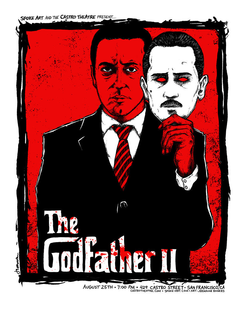 Jermaine Rogers illustrated screen print for The Godfather II features two suited men, one holding a mask of the others face. A bold red background showcases the event: August 25th, 7:00 PM, at Castro Theatre, 429 Castro Street, San Francisco, CA.