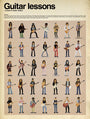 Illustrated Max Dalton poster showcasing iconic musicians with guitars in their unique styles, featuring the text Guitar Lessons: A series of master classes and elegantly hand-numbered names like Glenn, George, Keith, Rory beneath vibrant illustrations.