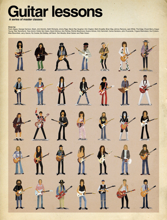 Illustrated Max Dalton poster showcasing iconic musicians with guitars in their unique styles, featuring the text Guitar Lessons: A series of master classes and elegantly hand-numbered names like Glenn, George, Keith, Rory beneath vibrant illustrations.