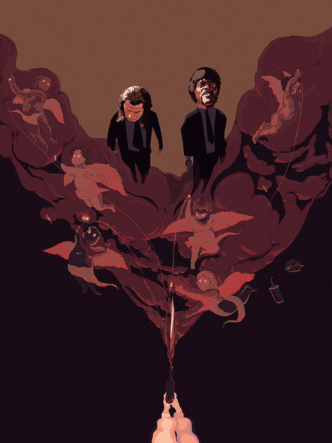 This Fernando Reza print depicts two men in suits over dark, swirling clouds with cherubs bearing weapons, and a rocket launching below. It beautifully captures a haunting Quentin vs Coen cinematic blend, ideal for discerning art aficionados.