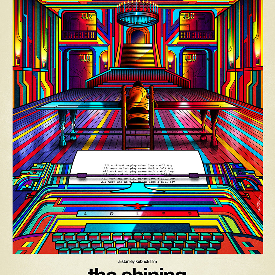 Van Orton Designs vibrant retro-style giclee poster for The Shining features an intricate, colorful hall with a typewriter in the foreground and a grand staircase behind. The films title and credits are elegantly displayed at the bottom.
