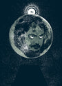Brand Name: Surreal artwork by Brian Methe features a moon with a human face, akin to Stanley Kubricks style. The textured moon has intense eyes, lit by a small glowing orb resembling an ethereal screen print against the starry backdrop. Below, a dark triangle adds contrast.
