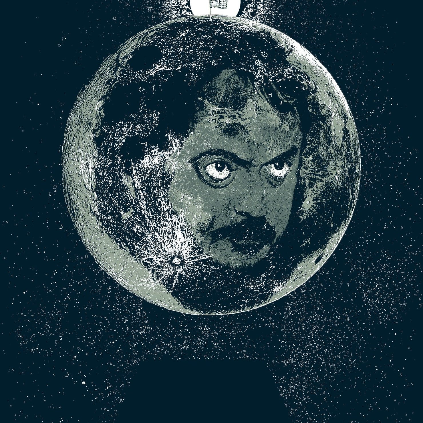 Brand Name: Surreal artwork by Brian Methe features a moon with a human face, akin to Stanley Kubricks style. The textured moon has intense eyes, lit by a small glowing orb resembling an ethereal screen print against the starry backdrop. Below, a dark triangle adds contrast.