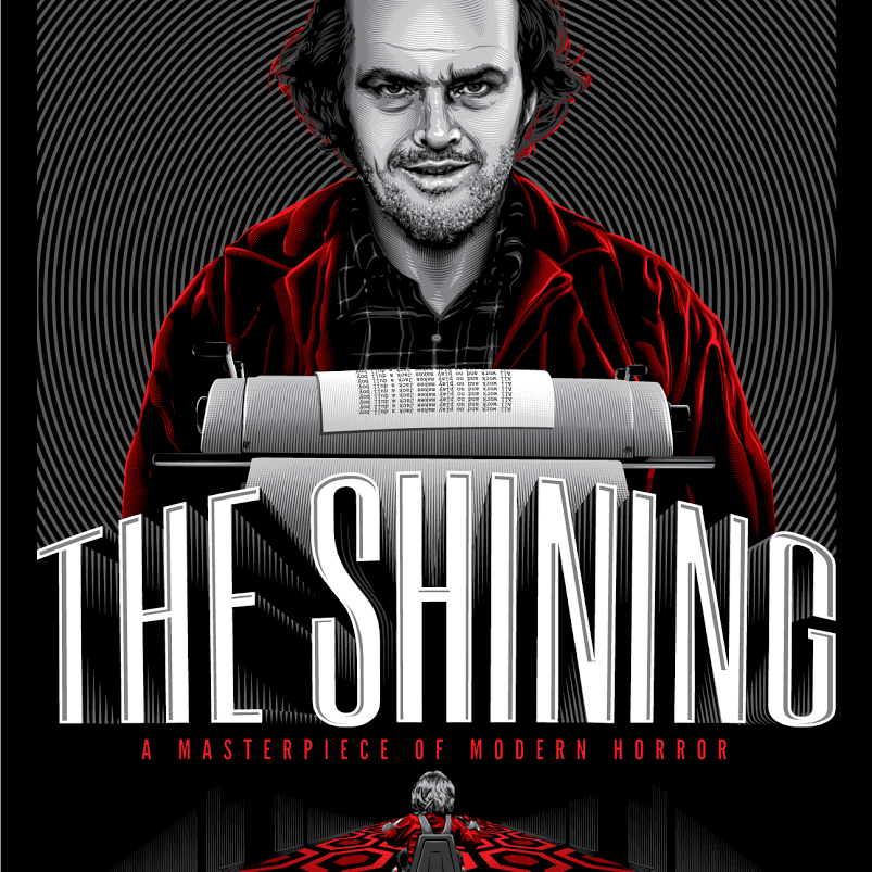 Tracie Chings The Shining poster showcases a smiling man above a typewriter, enhanced by swirling patterns and patterned carpet, capturing the essence of this modern horror classic.