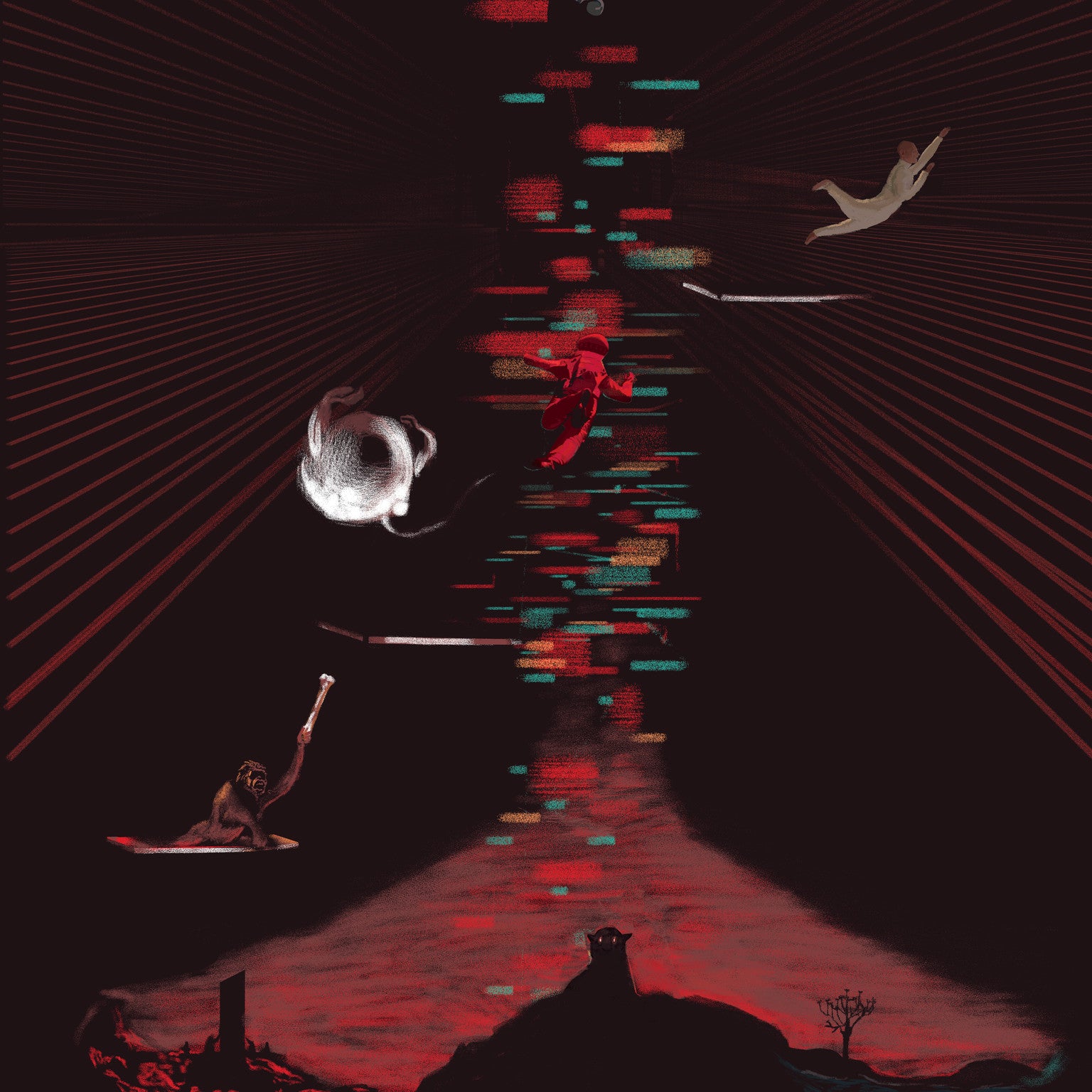 Fernando Rezas abstract 2001: A Space Odyssey poster, printed on archival paper, showcases a swirling vortex with shapes like a monkey with a bone and an astronaut. Vibrant hues evoke Jupiter & Beyond the Infinite, while the film title adorns the bottom in this dynamic design.
