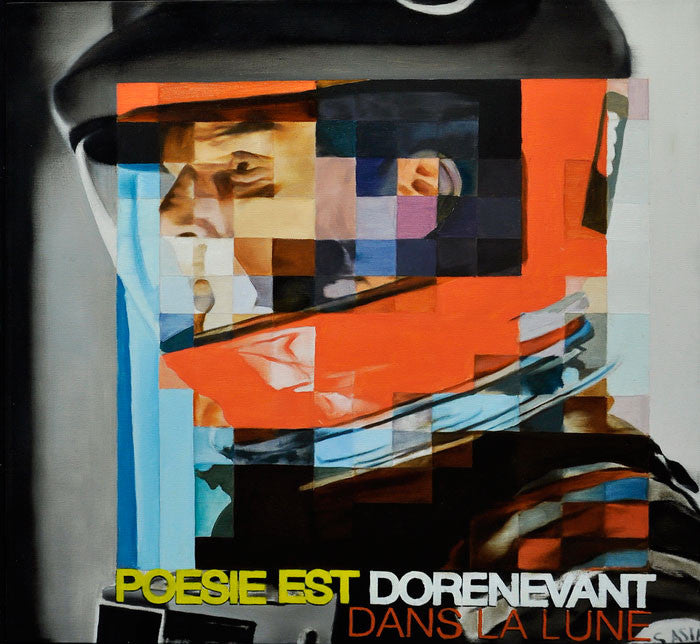 William Arvins abstract oil on canvas depicts a race car driver wearing a helmet, fragmented into colorful squares. The French text POESIE EST DORENEVANT DANS LA LUNE adds poetic mystery to the vibrant energy of the piece.