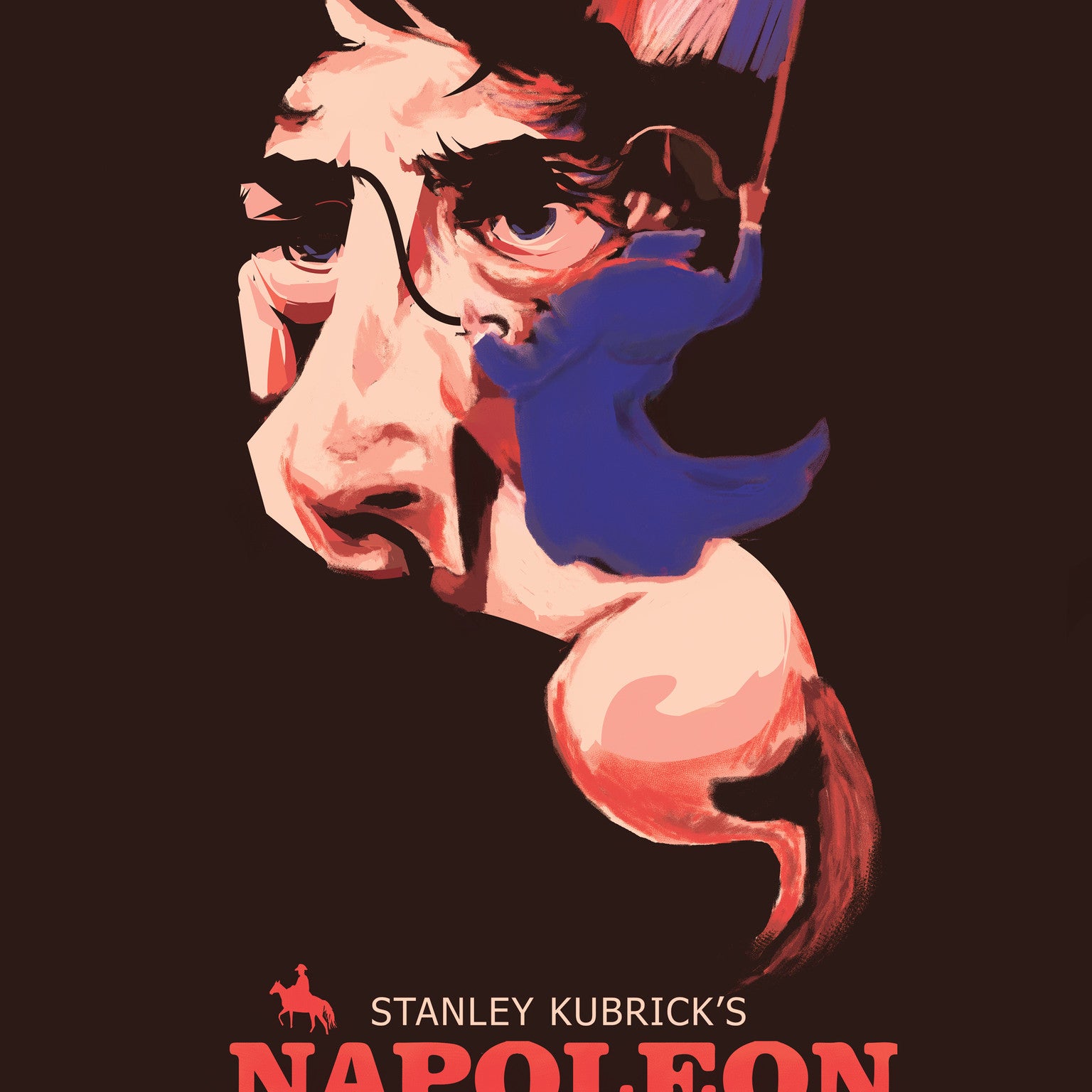 Fernando Rezas abstract giclee poster for Stanley Kubricks “Napoleon” features a stylized face in red and blue paint strokes on archival paper. It includes bold text with names like David Hemmings, Audrey Hepburn, Alec Guinness, and Laurence Olivier at the bottom.