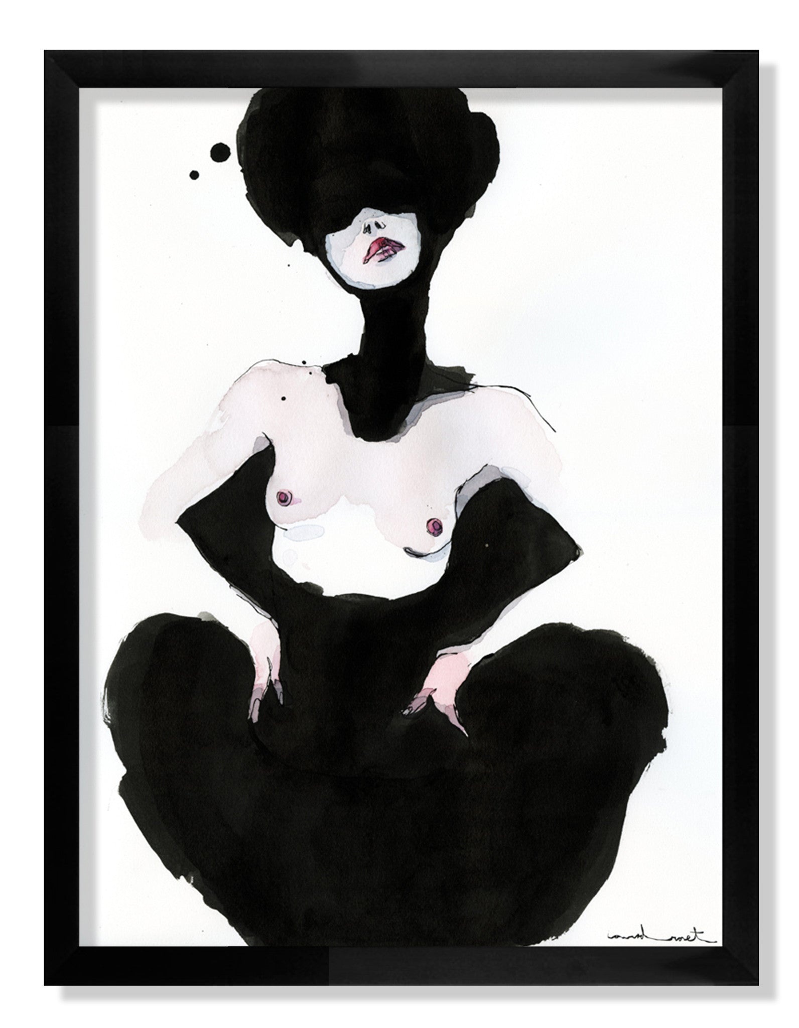 A seated figure painted in Conrad Rosets style shows a prominent black headpiece partially concealing the eyes on a nude upper body, seamlessly blending into a dark India ink silhouette. A black frame complements this abstract composition.