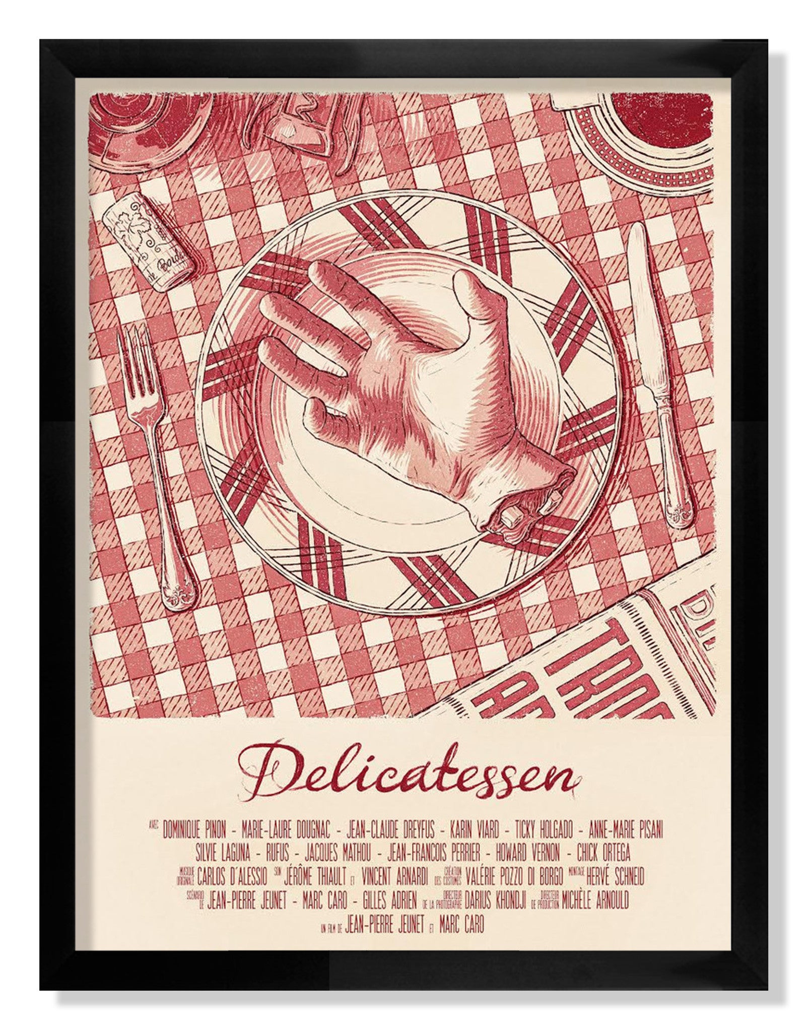 Bartosz Kosowski presents Delicatessen, a framed illustration showing a hand on a plate with cutlery atop a red checkered tablecloth. This captivating archival pigment print features names in bold red text at the bottom.