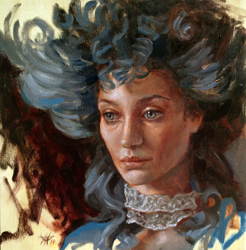 This Mandy Tsung-inspired oil on wood painting features Lady Lyndon with voluminous blue-gray hair and a serene expression, adorned with a lace choker. The background showcases swirling abstract colors in brown and beige tones.
