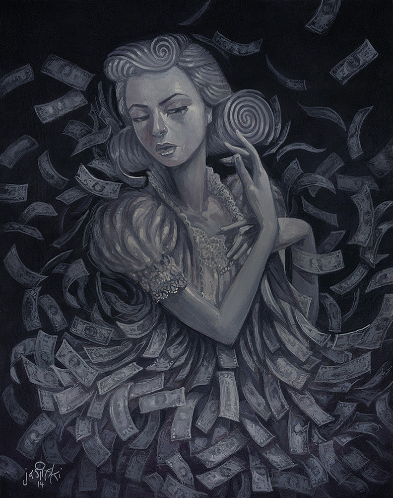 Aaron Jasinskis grayscale acrylic painting features a woman in an ornate hairstyle and period dress, surrounded by floating money. Her eyes are shut, and her hands gently touch each other, radiating elegance and surrealism. This captivating artwork is available for purchase.