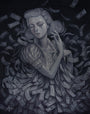 Aaron Jasinskis grayscale acrylic painting features a woman in an ornate hairstyle and period dress, surrounded by floating money. Her eyes are shut, and her hands gently touch each other, radiating elegance and surrealism. This captivating artwork is available for purchase.