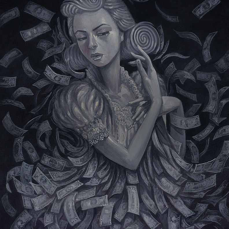 Aaron Jasinskis grayscale acrylic painting features a woman in an ornate hairstyle and period dress, surrounded by floating money. Her eyes are shut, and her hands gently touch each other, radiating elegance and surrealism. This captivating artwork is available for purchase.