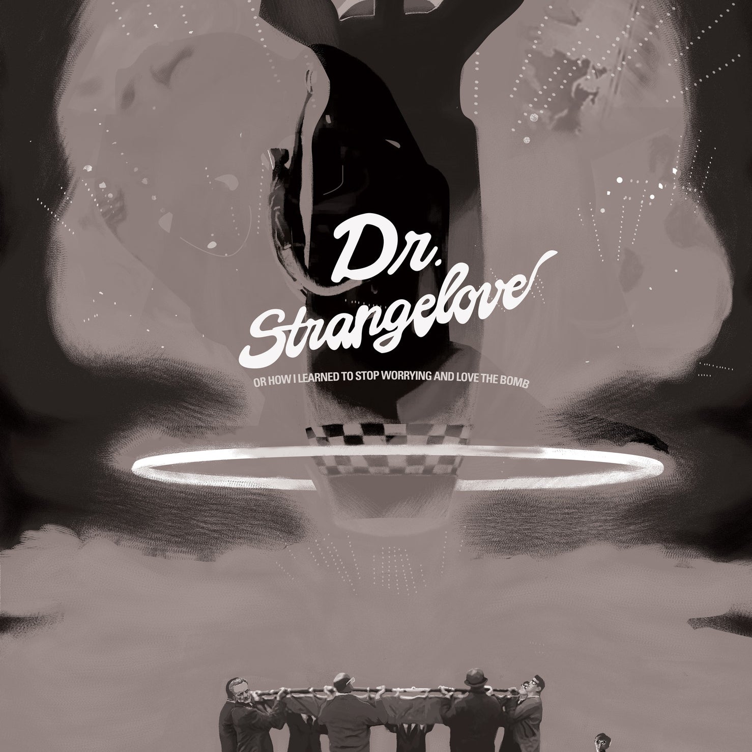 Fernando Rezas monochrome Giclee poster for Dr. Strangelove features a stylized bomb descending above men linked in a circle, symbolizing unity or chaos. The bold title is centered, while a small figure in a wheelchair suggests the eerie presence of doomsday machines on the right.