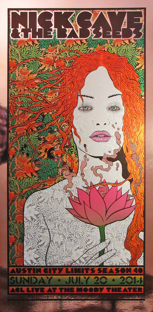 This stunning Mirror Foil Edition poster by Chuck Sperry for Nick Cave & The Bad Seeds July 20, 2014, Austin City Limits concert showcases a stylized woman with flowing red hair and a pink lotus against an intricately designed green and orange background.