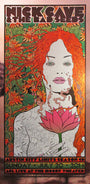This stunning Mirror Foil Edition poster by Chuck Sperry for Nick Cave & The Bad Seeds July 20, 2014, Austin City Limits concert showcases a stylized woman with flowing red hair and a pink lotus against an intricately designed green and orange background.