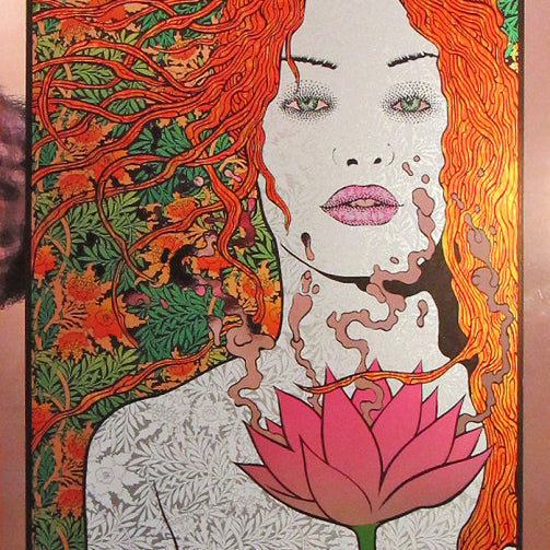 This stunning Mirror Foil Edition poster by Chuck Sperry for Nick Cave & The Bad Seeds July 20, 2014, Austin City Limits concert showcases a stylized woman with flowing red hair and a pink lotus against an intricately designed green and orange background.