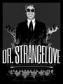 This Tracie Ching black and white screen print poster for Dr. Strangelove features a man grinning in sunglasses and a suit, with the films full title and San Francisco event details subtly shimmering in metallic inks below.