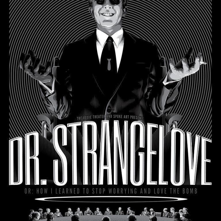 This Tracie Ching black and white screen print poster for Dr. Strangelove features a man grinning in sunglasses and a suit, with the films full title and San Francisco event details subtly shimmering in metallic inks below.