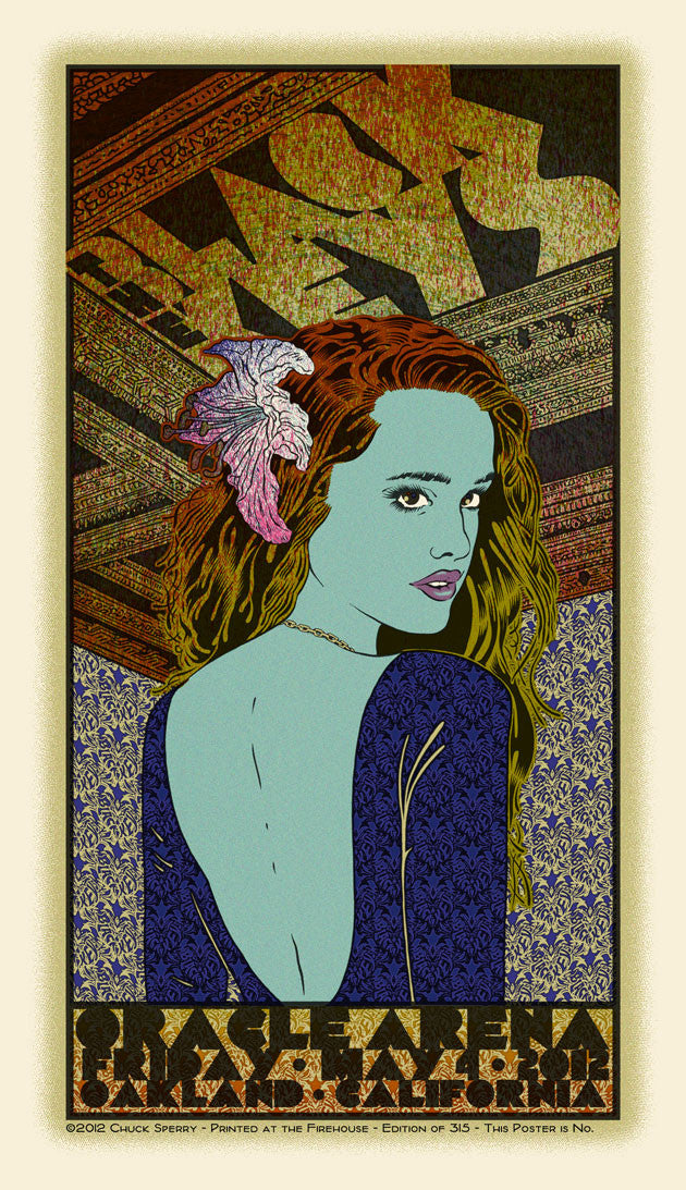 Illustration of a woman with long hair and a flower overlooks her shoulder, set against intricate orange, blue, and green patterns on archival cream paper. The bottom features the text Oracle Arena with Chuck Sperrys signature style.