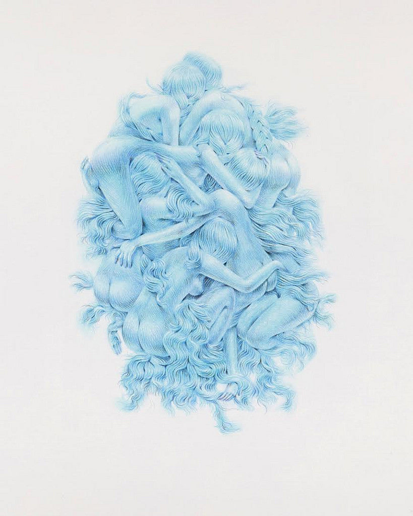 Winnie Truongs abstract art showcases interwoven, flowing figures in blue on white. Their entangled hair and limbs create dynamic movement and fluidity, akin to a delicate pencil crayon on paper masterpiece.