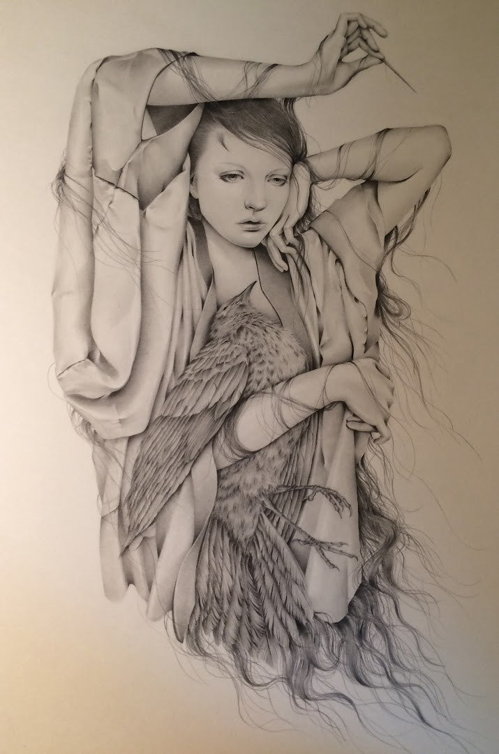 A detailed pencil drawing depicts a serene woman with long hair intertwined with bird feathers, one arm raised and draped in flowing fabric. The composition blends human and avian elements, echoing Ozabus ethereal style.