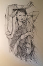 A detailed pencil drawing depicts a serene woman with long hair intertwined with bird feathers, one arm raised and draped in flowing fabric. The composition blends human and avian elements, echoing Ozabus ethereal style.