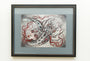 Illusions of Separation by Caitlin Hackett is framed artwork featuring surreal imagery of a crescent moon, ethereal figures, and flowing shapes. The composition blends fantasy and nature in muted colors and is available for sale.