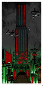 Under a starry sky, the futuristic cityscape includes the towering neon red Robot Arms Apts, with flying cars glowing green and red above. This scene is beautifully captured by Tim Doyle in a glow-in-the-dark screen print, perfect for custom framing.
